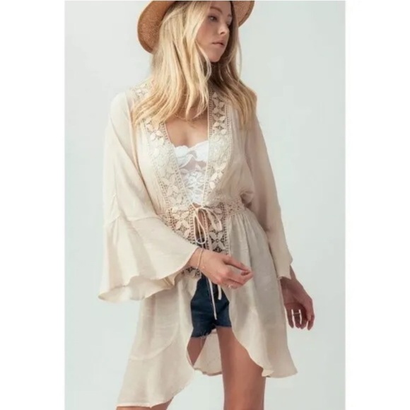 LOVE TREE Light Beige Open Front 3/4 Bell Sleeve Crochet Detail Coverup/Cardigan - Picture 1 of 14